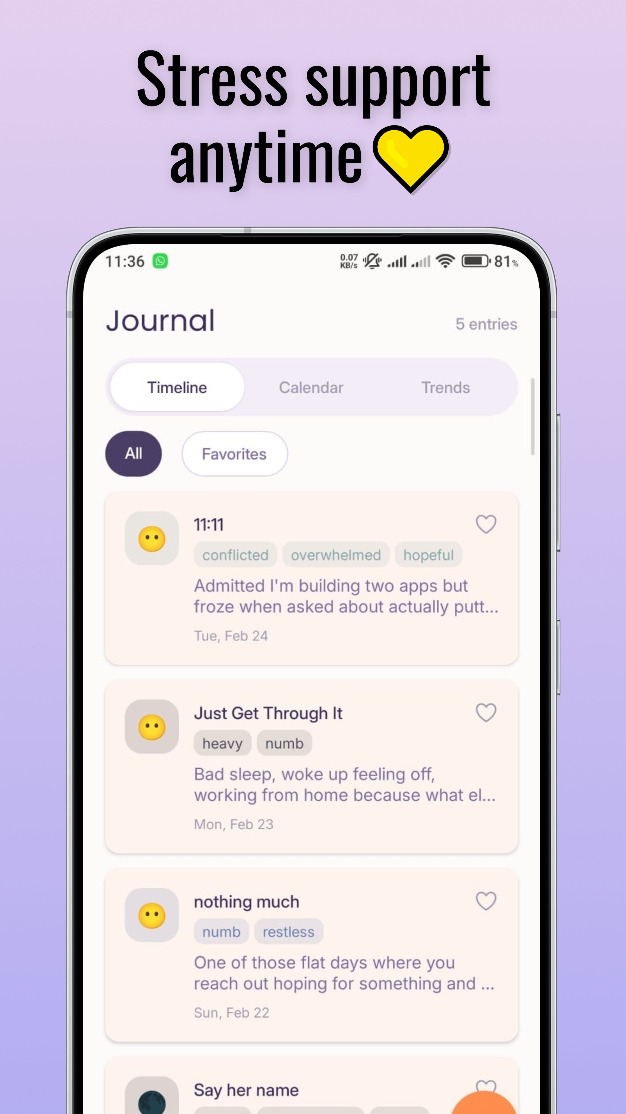Journal timeline with mood tags and entries